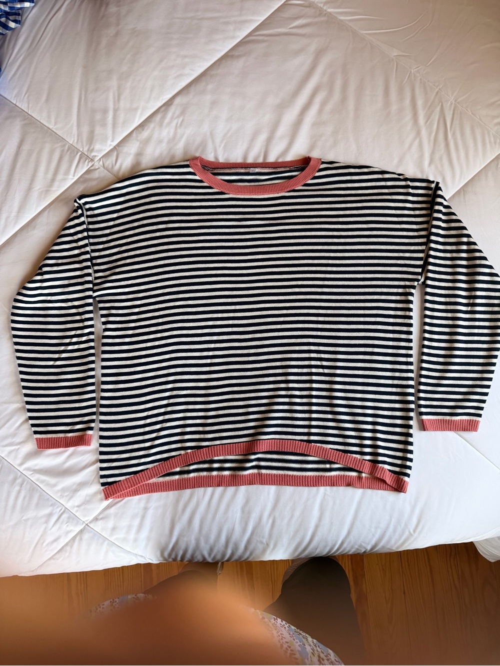 Striped Navy Blue & White Crewneck Sweater with Coral Pink tone Trim